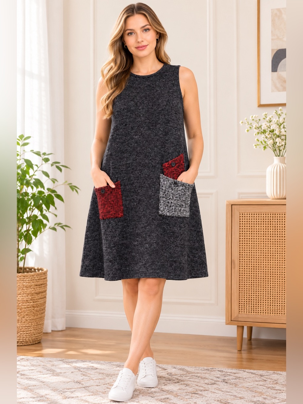 Women’s Medium Charcoal Knit Sleeveless Knee Length Dress